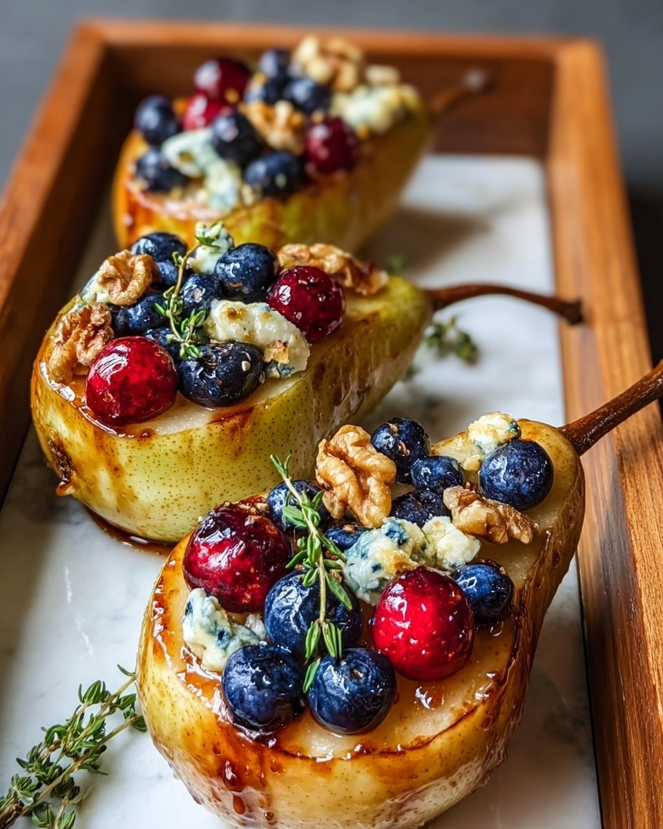 The image shows two halves of a poached pear, each cut lengthwise and placed in a wooden tray lined with parchment paper on a white marbled surface. The pear halves are golden brown with a caramelized texture on the cut side. On top of each pear half, there is a colorful layer of fresh blueberries and bright red raspberries, scattered generously. Crumbled white cheese with blue veins is sprinkled over the berries, adding a creamy texture. Small walnut pieces are layered in among the fruit and cheese, offering a crunchy contrast. Each pear half is garnished with a small sprig of fresh green thyme. The overall look is fresh and delicious, with a mix of soft, crunchy, and juicy textures. photo taken with an iphone --ar 4:5 --v 7
