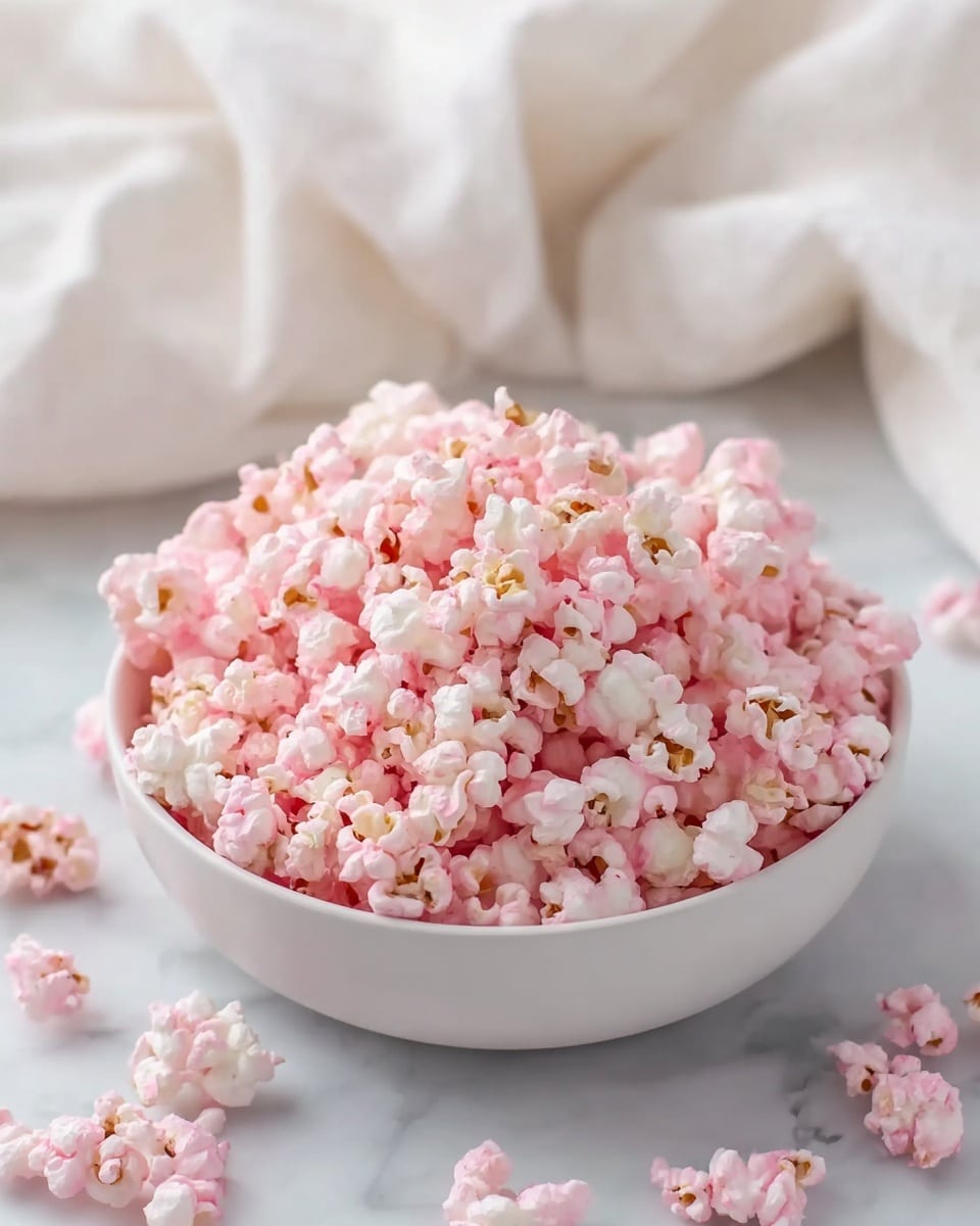 A white bowl is filled to the top with pink popcorn that has a light, fluffy texture. The popcorn pieces show a mix of white and soft pink colors, with some kernels slightly browned, creating a gentle contrast. The bowl sits on a white marbled surface, with a few scattered pink popcorn pieces around it. In the background, there is a soft, wrinkled white cloth adding a cozy feel to the setting. photo taken with an iphone --ar 4:5 --v 7