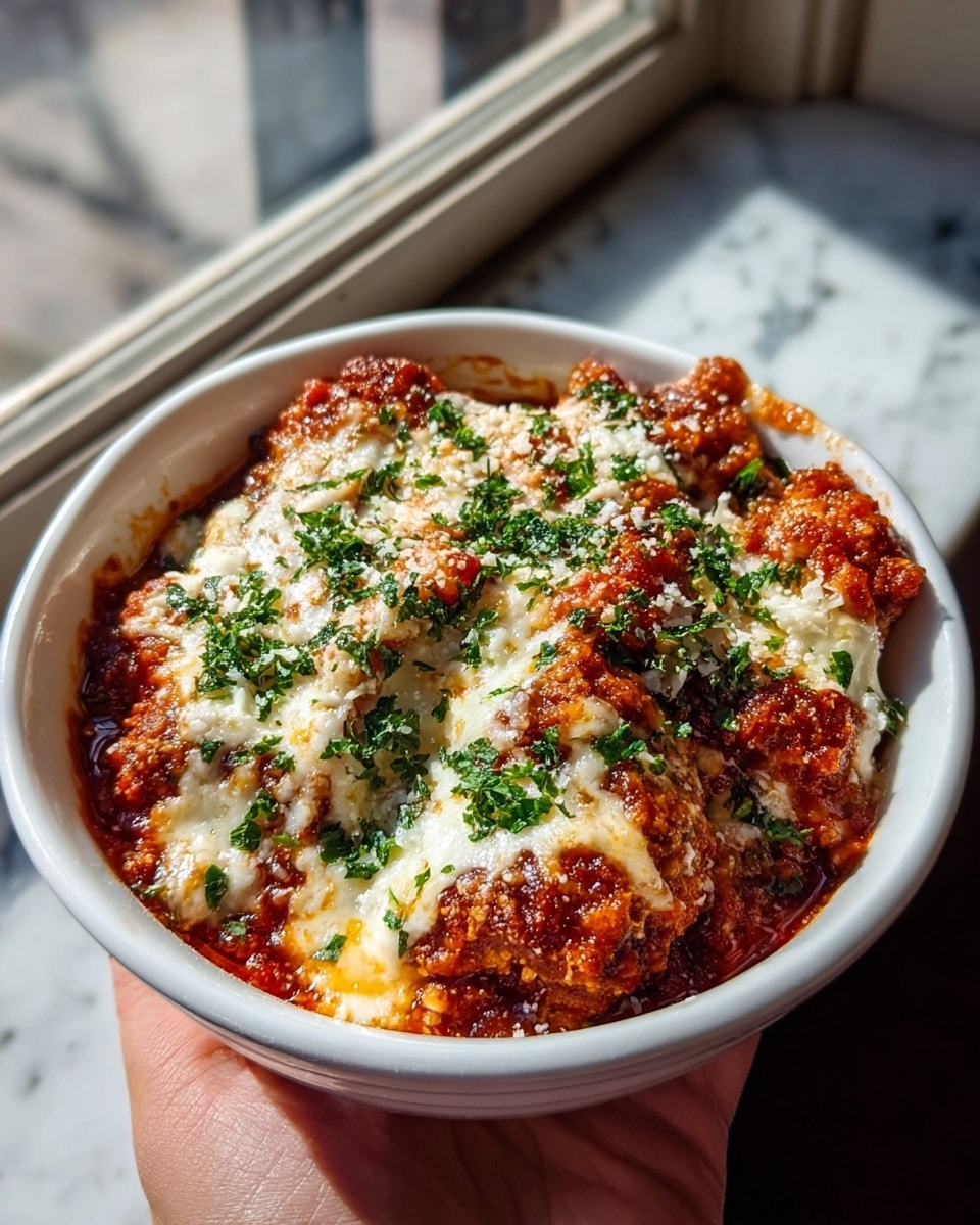 A white bowl filled with two main layers: the bottom layer is white, crumbly cottage cheese, and the top layer is a baked mix of melted golden-brown cheese and bright red tomato sauce with some crispy edges. The top is sprinkled with finely chopped fresh green herbs. A woman's hand is holding the bowl, and the background shows a window and soft light. The surface under the bowl has a white marbled texture. photo taken with an iphone --ar 4:5 --v 7