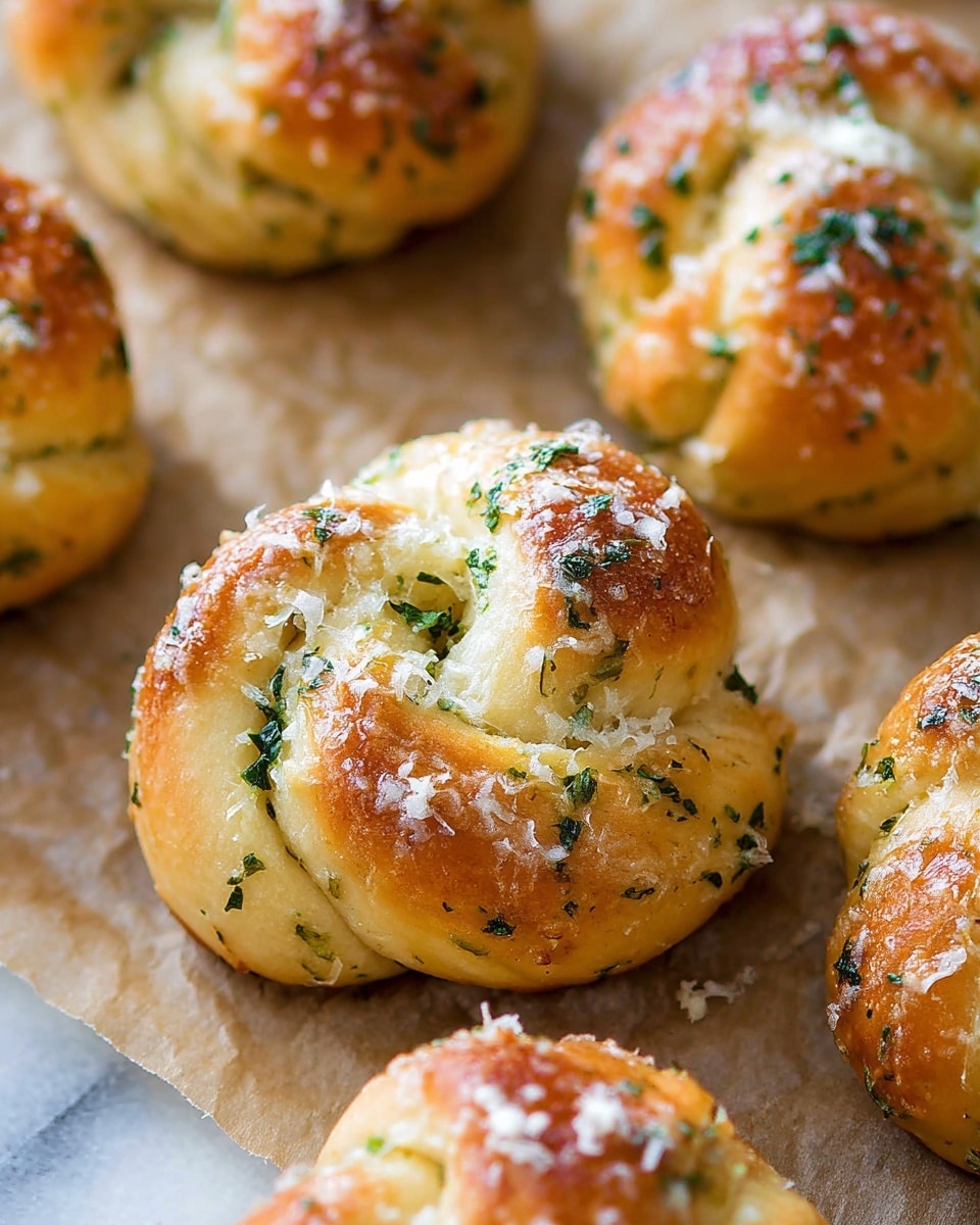 The image shows several round garlic knots placed closely on a light brown parchment paper over a white marbled surface. Each knot is golden brown on the outside with a slightly crispy texture and a soft inside, twisted into a small knot shape. The dough is speckled with small bits of green parsley and melted garlic butter, giving the knots a shiny and slightly oily look. Finely grated white cheese is sprinkled lightly on top of each knot. Photo taken with an iphone --ar 4:5 --v 7