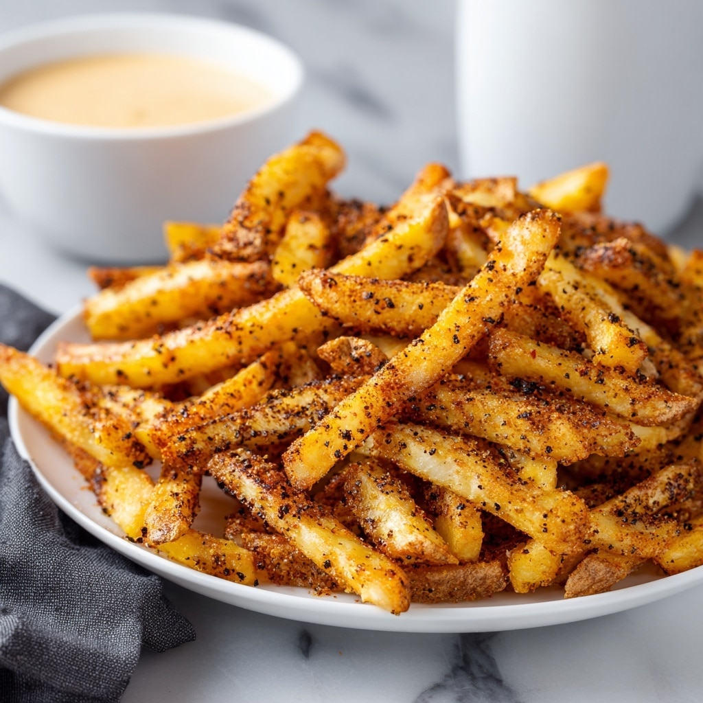 A white plate filled with a mound of golden-yellow French fries covered in a light layer of dark seasoning, giving them a speckled brown and black look; the fries are crispy with some rough edges and scattered bits of seasoning on and around them; behind the plate, there is a white bowl blurred in the background and a dark textured cloth draped to the side, all set on a white marbled surface. photo taken with an iphone --ar 4:5 --v 7