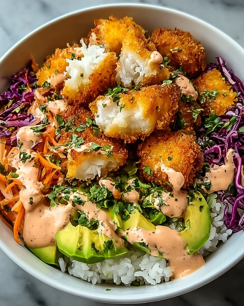 A white bowl shows a layered dish starting with white rice at the bottom. On top of the rice are golden brown crispy fried fish pieces arranged in the center, some pieces broken to show white flaky inside. Around the fish are bright green avocado chunks on one side and shredded purple cabbage on another side. Finely chopped orange carrots and green herbs add color to the top edges. A creamy pinkish sauce is drizzled over the fried fish and some herbs. The bowl sits on a white marbled surface. photo taken with an iphone --ar 4:5 --v 7