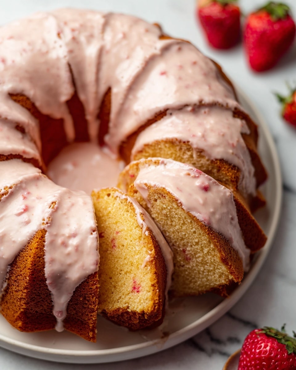 The image shows three thick slices of a light beige bundt cake with visible small red bits inside, placed on a white plate. The cake has a slightly rough texture with tiny crumb details and a thin layer of light pink glaze drizzled over the top, pooling slightly on the plate. In the background, a whole strawberry and a half strawberry can be seen. The setting is a white marbled texture surface. Photo taken with an iphone --ar 4:5 --v 7