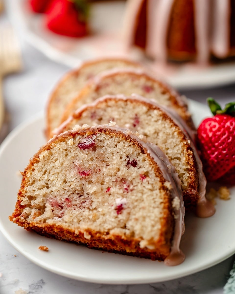 A golden brown bundt cake with a thick, light pink glaze generously poured over the top, dripping down the sides and filling the grooves of the cake, with visible small red specks embedded in the glaze. The cake is sliced into several wedge-shaped pieces exposing the moist inside, and it sits on a round white plate. Around the plate, there are a few halved and whole strawberries adding a fresh touch. The scene is set on a white marbled surface. photo taken with an iphone --ar 4:5 --v 7
