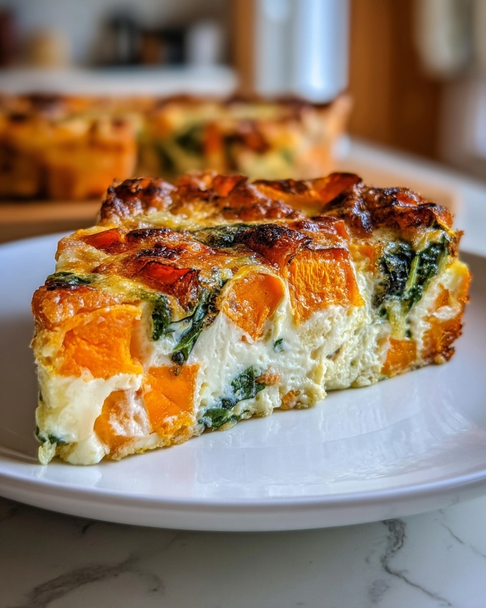A close-up view of a thick slice of baked frittata served on a white plate, resting on a white marbled surface. The frittata has three visible layers: a bottom layer of soft, white, slightly fluffy egg base, filled with chunks of bright orange sweet potatoes and dark green spinach leaves; the middle layer is a mix of creamy white cheese and the vegetables, creating a speckled texture; the top layer is golden brown with a slightly crispy and bubbly surface, showing pockets of browned cheese and bits of spinach. The edges appear firm but tender, with the vegetables adding a vibrant contrast. The background is softly blurred, suggesting a warm kitchen setting. photo taken with an iphone --ar 4:5 --v 7