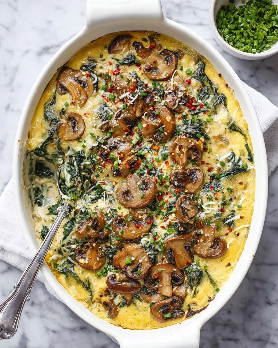 A white oval dish filled with a layered casserole featuring a creamy yellow base mixed with wilted dark green spinach throughout. The top layer is covered with browned, slightly crispy, sliced mushrooms scattered evenly, mixed with a light sprinkling of melted grated cheese that adds a shiny texture. Small flecks of red pepper flakes and chopped green herbs are spread over the surface, adding color contrast. A metal spoon is placed inside the dish on the left side, partially submerged in the creamy casserole. The dish is set on a white marbled surface with a small bowl of chopped green herbs in the background. Photo taken with an iphone --ar 4:5 --v 7