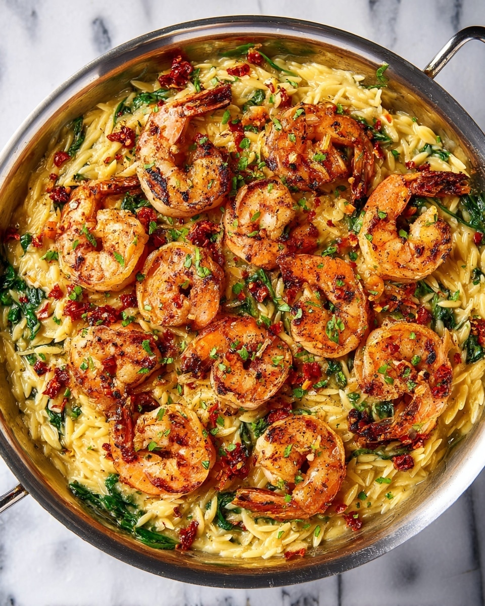A large silver pan filled with creamy, yellow orzo pasta forms the base layer, mixed with bits of fresh green spinach leaves scattered throughout. On top, a generous layer of grilled shrimp is arranged in a circular pattern, each shrimp showing a bright orange color with grill marks and a slightly shiny texture, sprinkled with tiny red chili flakes and finely chopped green herbs for garnish. Small pieces of red seasoning or sun-dried tomatoes are dotted across the dish, adding bursts of contrasting color. The background is a white marbled texture. photo taken with an iphone --ar 4:5 --v 7