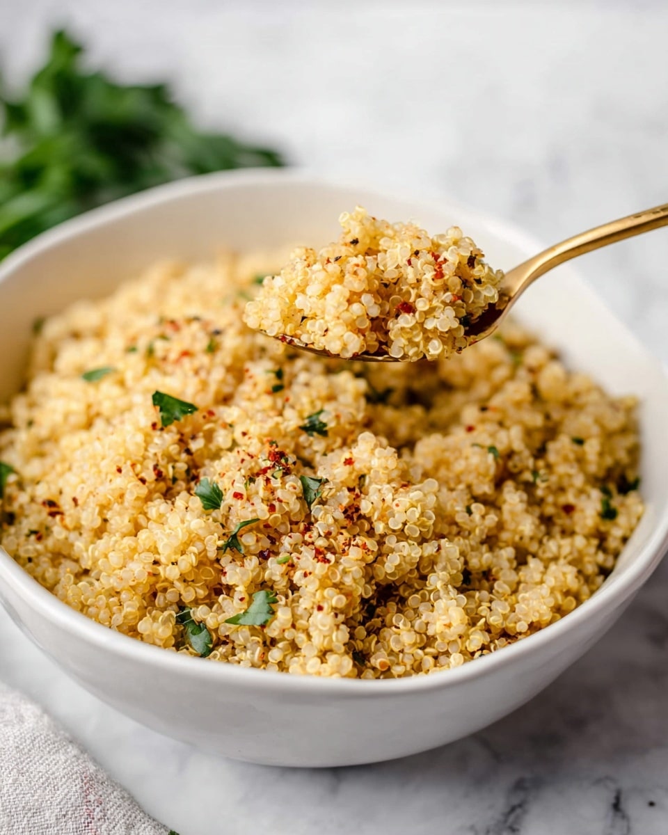 A white bowl filled with fluffy light yellow quinoa, garnished with small green herb pieces and a sprinkling of red and black spices. A gold spoon lifting a scoop of quinoa from the bowl, showing the tiny round grains with a slightly soft and textured look. The bowl is set on a white marbled surface with some blurred green herbs in the background. photo taken with an iphone --ar 4:5 --v 7