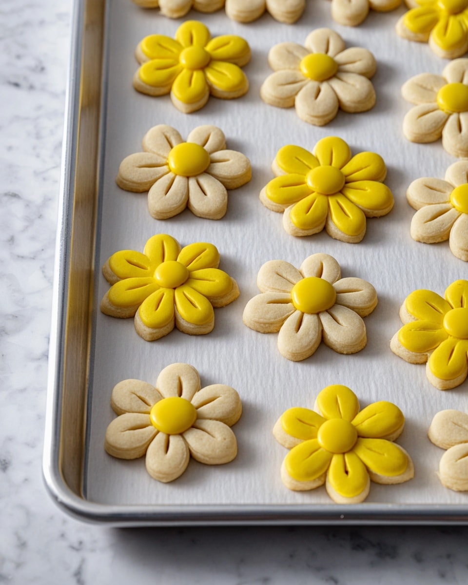 The image shows a baking tray with flower-shaped cookies arranged in rows on a beige textured liner. Each cookie has two layers: five rounded petals forming the outer layer and a small circle in the center as the second layer. The cookies come in two color patterns: some have cream-colored petals with a bright pink center, while others have bright pink petals with a cream-colored center. Each petal has three small indents near the center, adding texture and detail to the soft-looking cookies. The tray is set against a white marbled background, and the light is soft, enhancing the pastel tones of the cookies. Photo taken with an iphone --ar 4:5 --v 7