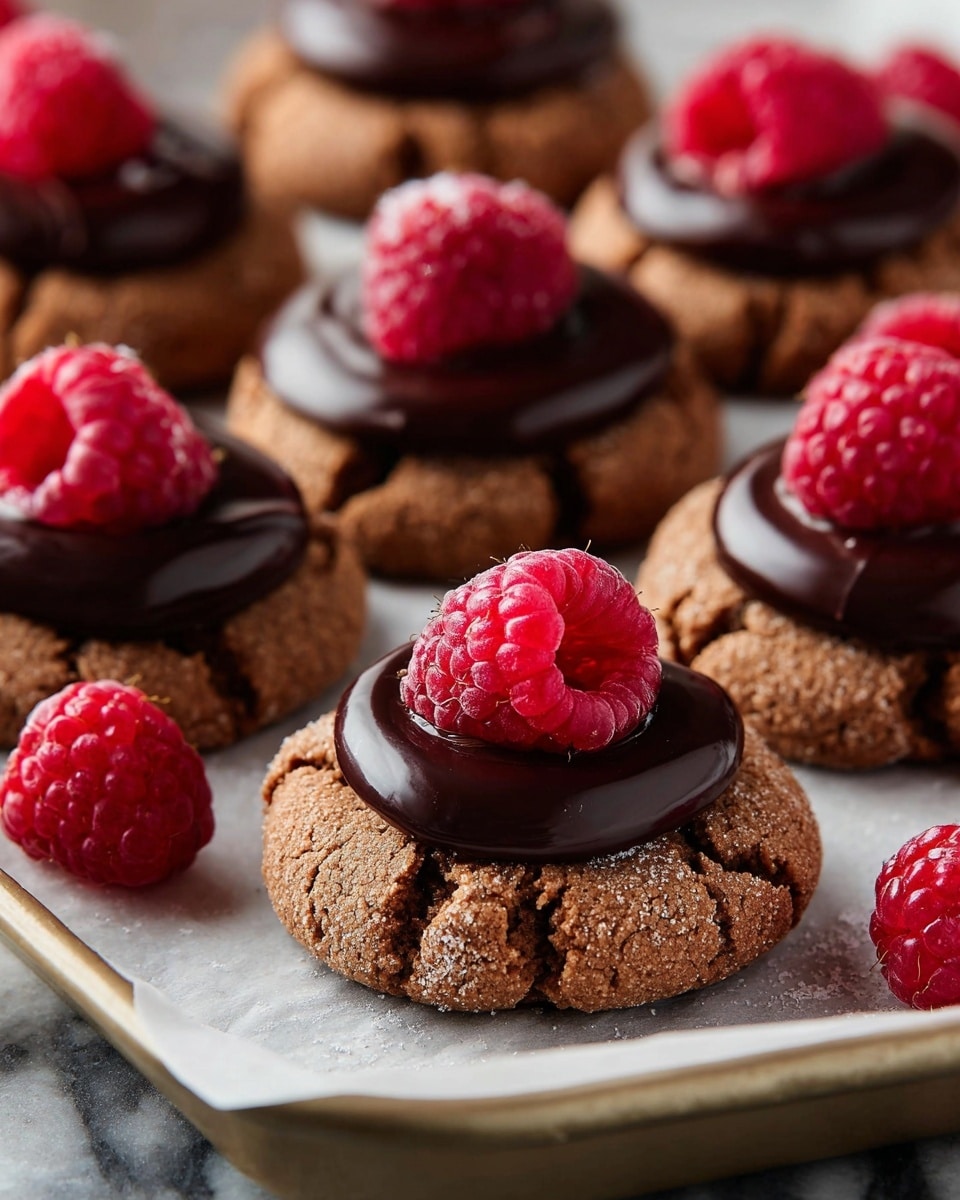 The image shows several cracked chocolate cookies topped with a smooth, dark chocolate disk, each with a bright red raspberry placed on top. The cookies are rough and slightly crumbly in texture with visible cracks. The dark chocolate disks are shiny and thick, sitting perfectly on the cookies’ round flat tops, creating a contrast with the softer cookie layer below. Each raspberry is fresh and plump with detailed seeds and a hollow center, adding a pop of red color that stands out against the dark chocolate and brown cookie layers. The cookies rest on white parchment paper on a tray, placed on a white marbled surface, with extra raspberries scattered around. photo taken with an iphone --ar 4:5 --v 7