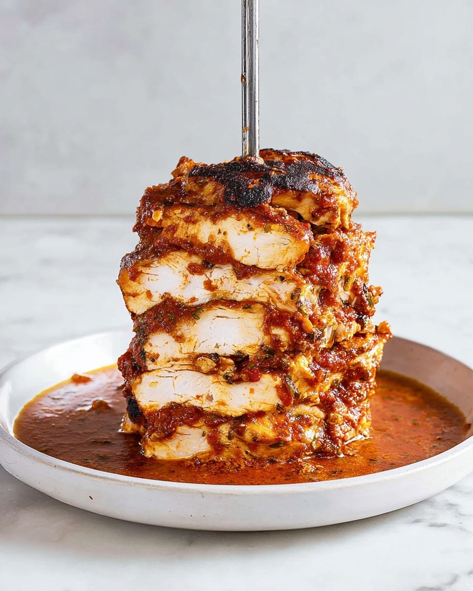 A large stack of grilled chicken pieces layered on a vertical metal skewer, showing five thick layers of tender, juicy chicken with a charred, dark reddish-brown outer crust. The chicken stack sits in a shallow silver pan filled with rich, reddish-orange sauce that glistens with moisture. A woman's hand with bright red nail polish holds a knife cutting through the bottom part of the chicken stack, revealing soft, white, and slightly fibrous meat inside. This is all placed on a white marbled texture surface. photo taken with an iphone --ar 4:5 --v 7