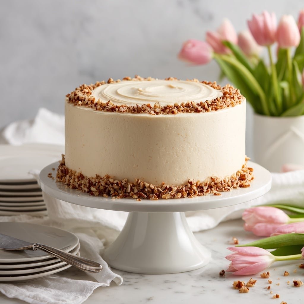 A small, tall cake with smooth, creamy off-white frosting covering it evenly, showing soft swirling texture on the top. Around the top edge, there is a thick ring of chopped nuts mixed with white coconut flakes, adding a textured brown and white contrast. The bottom edge of the cake is also lined with a thicker layer of the same chopped nuts, creating a rough base. The cake sits on a simple white plate on a white marbled surface. photo taken with an iphone --ar 4:5 --v 7