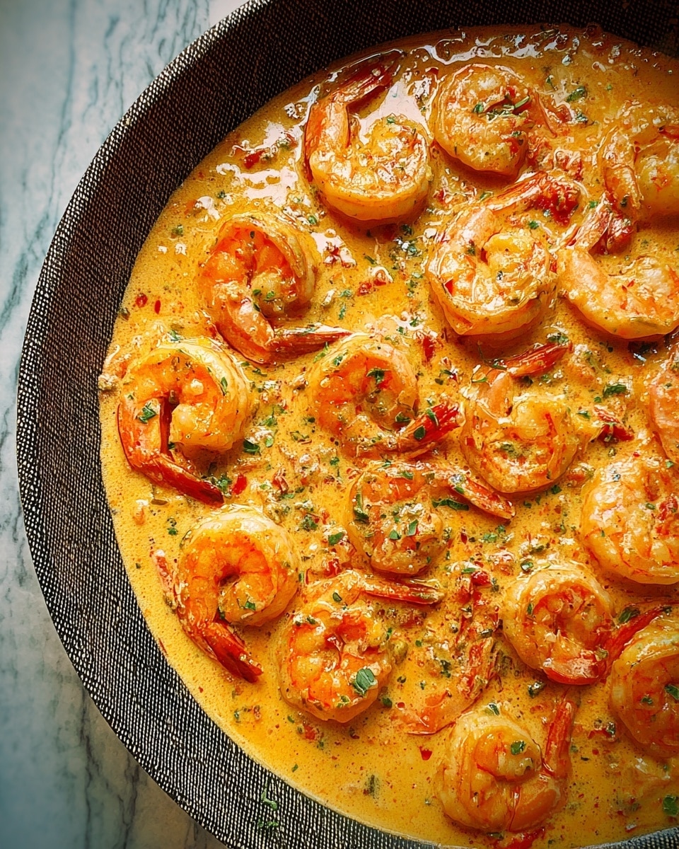 A close-up view of a dark gray frying pan filled with cooked shrimp in a creamy orange sauce, sprinkled with small green herb bits. The shrimp are large, curled, and bright orange, sitting in a smooth, thick sauce that covers the pan’s base. The surface below the pan is a white marbled texture. Photo taken with an iphone --ar 4:5 --v 7
