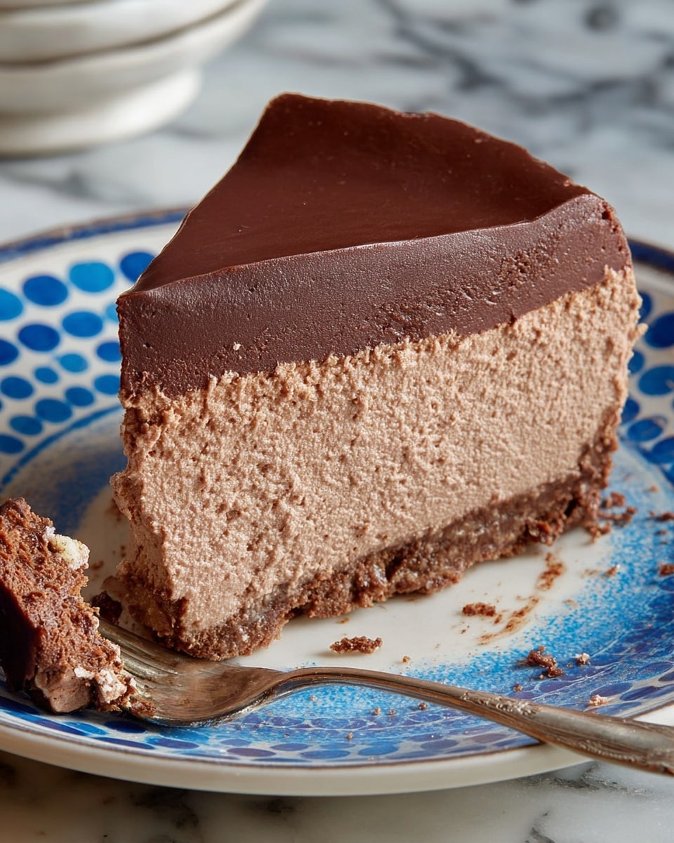 The image shows a chocolate cake with two clear layers, one on top of the other. The bottom layer is thick, light brown, with a soft and slightly crumbly texture. The top layer is a thinner, smooth, glossy dark chocolate ganache covering the whole round cake and the single large slice on a white plate with blue spiral patterns. The slice is cut cleanly and placed on the plate, with a piece of the cake on a fork in front. The background is a white marbled textured surface. Photo taken with an iphone --ar 4:5 --v 7