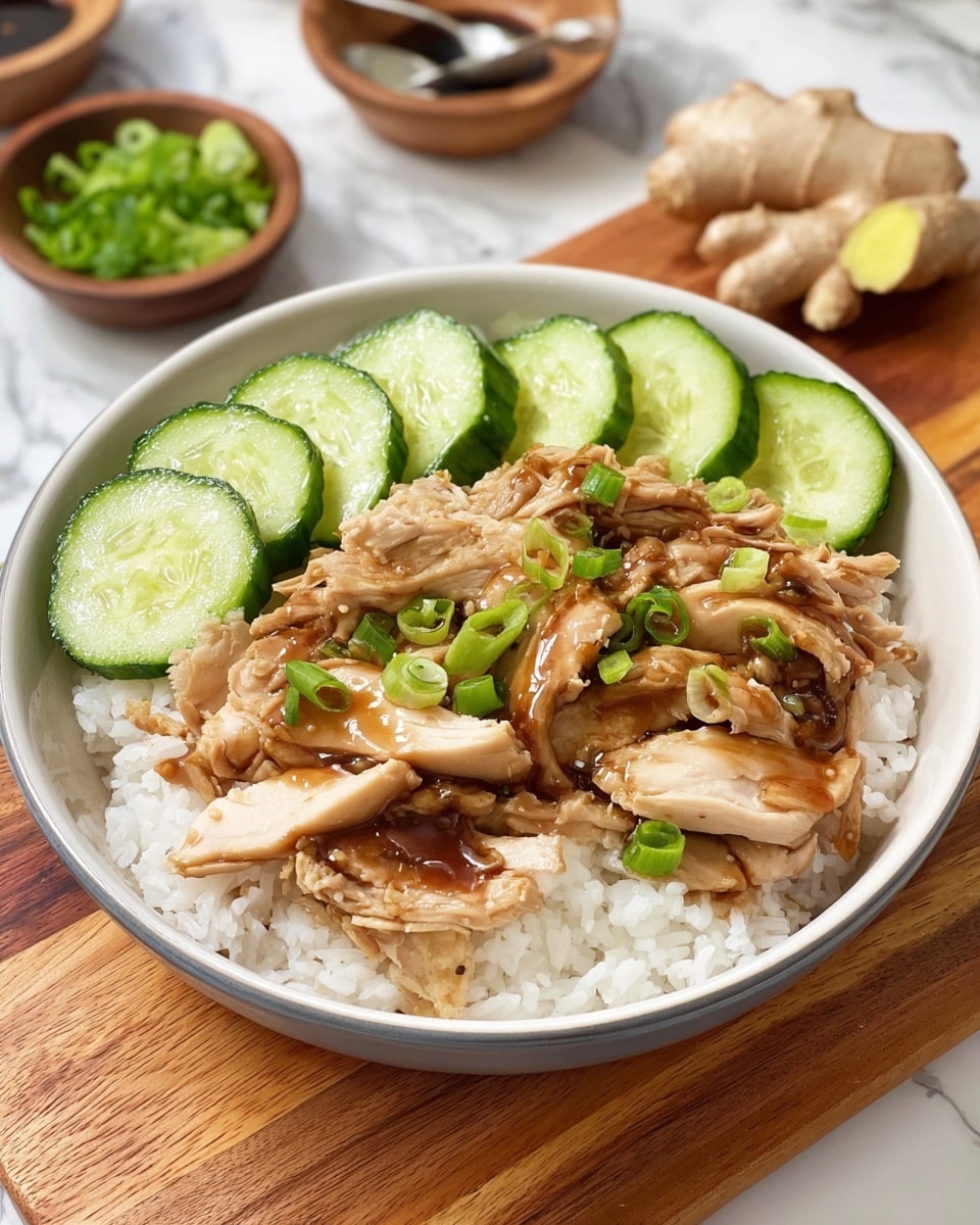 A bowl of white rice forms the bottom layer, topped with a generous amount of tender, shredded chicken glazed with a light brown sauce, scattered with chopped green onions for color. Thin, bright green cucumber slices are arranged neatly along one edge of the bowl's rim, contrasting with the warm tones of the chicken and the rice. The bowl is placed on a wooden board partially visible with a small white ramekin filled with chopped green onions nearby, and a pair of brown chopsticks resting to the side, all set against a white marbled surface. photo taken with an iphone --ar 4:5 --v 7