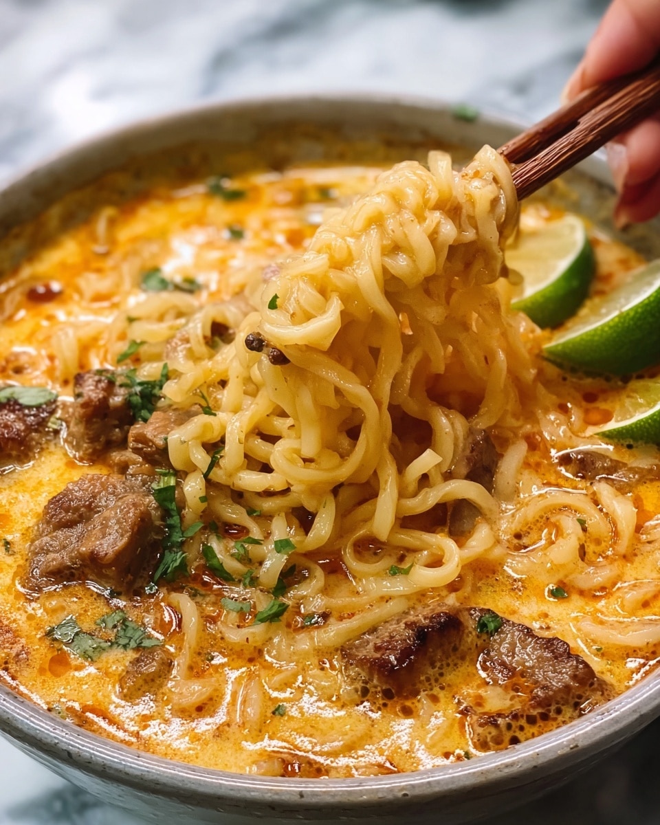 A close-up view of a pan filled with creamy orange broth and thick white udon noodles curling through the liquid, mixed with browned pieces of chicken scattered evenly on top. Green chopped herbs and sliced green onions are sprinkled over the noodles and chicken. On the edge of the pan, several thin lime slices create a fresh green accent. The dish sits on a white marbled surface. photo taken with an iphone --ar 4:5 --v 7