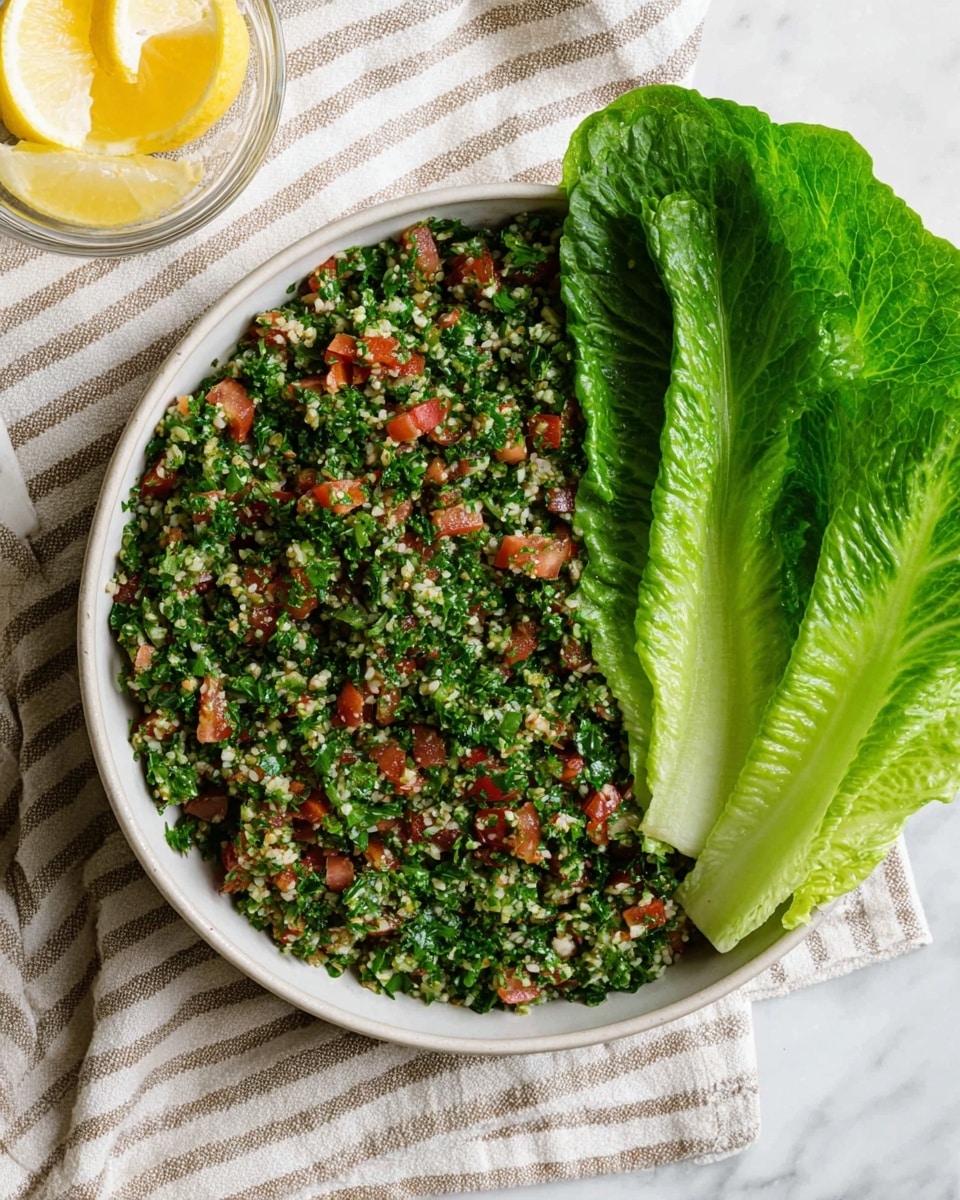 A white bowl filled with a finely chopped tabbouleh salad, showing a mix of dark green parsley and diced red tomatoes evenly distributed throughout. Two large, bright green romaine lettuce leaves rest on the right side inside the bowl, adding texture and height to the dish. The bowl sits on a beige striped cloth, placed on a white marbled surface. In the upper left corner, there is a small clear glass bowl with yellow lemon wedges. Photo taken with an iphone --ar 4:5 --v 7