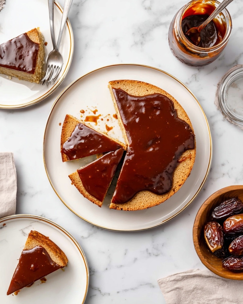 The image shows a round, single-layer cake on a white plate with a thin gold rim, sitting on a white marbled surface. The cake is covered with a thick, glossy, dark brown glaze that drips slightly over the edges, revealing golden brown cake underneath in places. Two triangular slices have been cut and slightly pulled out from the cake, showing the light, moist texture inside. To the left, a single slice of the same cake is on another white plate with a gold rim, with a silver fork beside it. To the right, there is a wooden bowl with dark brown dates and a jar containing more of the brown glaze with a spoon inside. The overall scene is bright and clean. Photo taken with an iphone --ar 4:5 --v 7