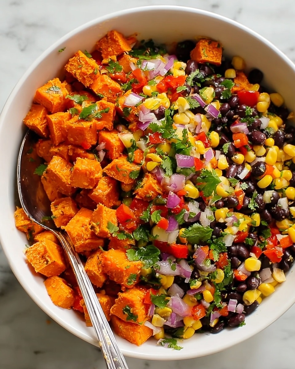 The image shows a white bowl filled with a colorful salad made of three main layers: bright orange roasted sweet potato cubes on the bottom and mixed throughout, small black beans scattered evenly, and yellow corn kernels adding pops of color. Red bell pepper pieces and purple chopped onions are spread on top, adding more color and texture. Green cilantro leaves are sprinkled all over as a fresh garnish. The bowl rests on a white marbled surface with a large silver spoon placed beside it. A spoon is partially visible inside the bowl, ready to serve the salad photo taken with an iphone --ar 4:5 --v 7