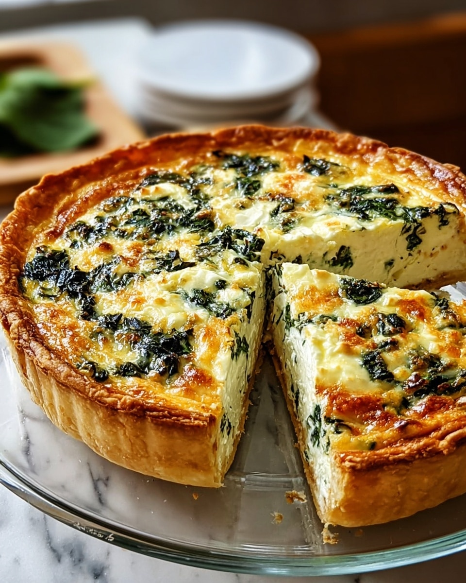 A round quiche with a golden brown crust forms the base layer, supporting a thick, creamy white filling mixed with dark green spinach pieces throughout. The top layer is slightly browned with melted cheese and scattered spinach, giving a textured, glossy finish. One slice is cut out, revealing the soft, dense interior and the even layers inside. The quiche sits on a clear glass plate on a white marbled surface, with blurred background elements adding depth. Photo taken with an iphone --ar 4:5 --v 7