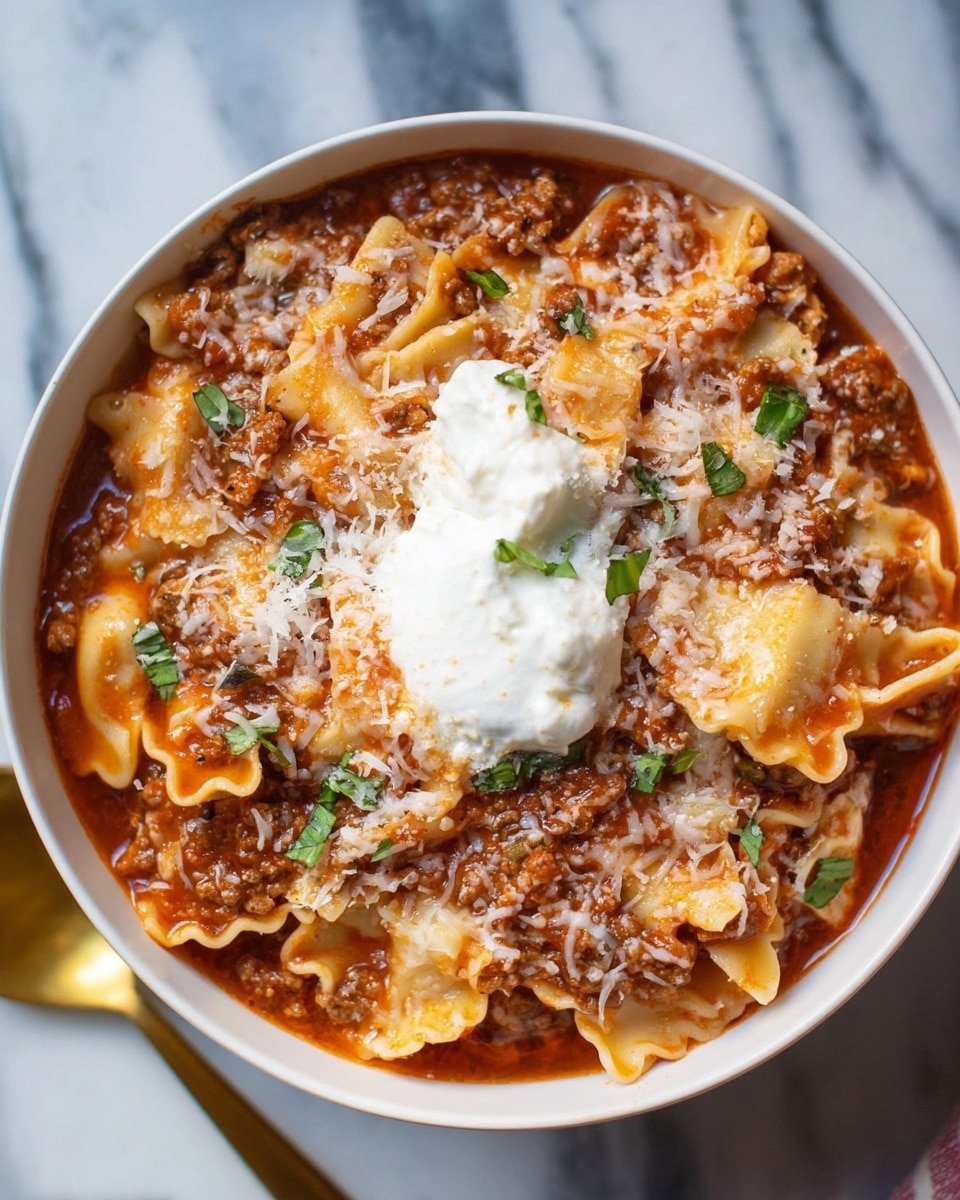 In a white bowl filled with a thick and rich meat sauce, there are wide, curly-edged pasta pieces mixed evenly with ground meat and red tomato sauce. The dish is topped with a generous sprinkle of white grated cheese and small green basil pieces spread across the surface. A large dollop of white cream sits prominently on one side, adding a soft, smooth texture contrast to the rough meat and pasta mix. The bowl rests on a white marbled surface, and a golden spoon is partially visible at the bottom left corner. photo taken with an iphone --ar 4:5 --v 7