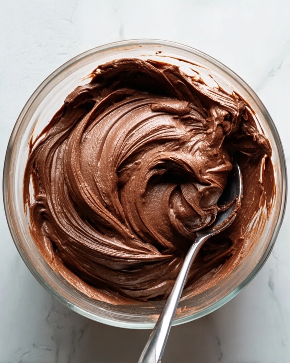 A clear glass bowl filled with thick, creamy chocolate frosting that has a smooth, rich texture with soft swirls and peaks. A metal spoon rests inside the bowl, partly covered with the glossy dark brown frosting. The bowl is set on a white marbled texture surface that brightens the image. The frosting has deep chocolate tones with a shiny finish from the light reflecting on its soft waves. Photo taken with an iphone --ar 4:5 --v 7