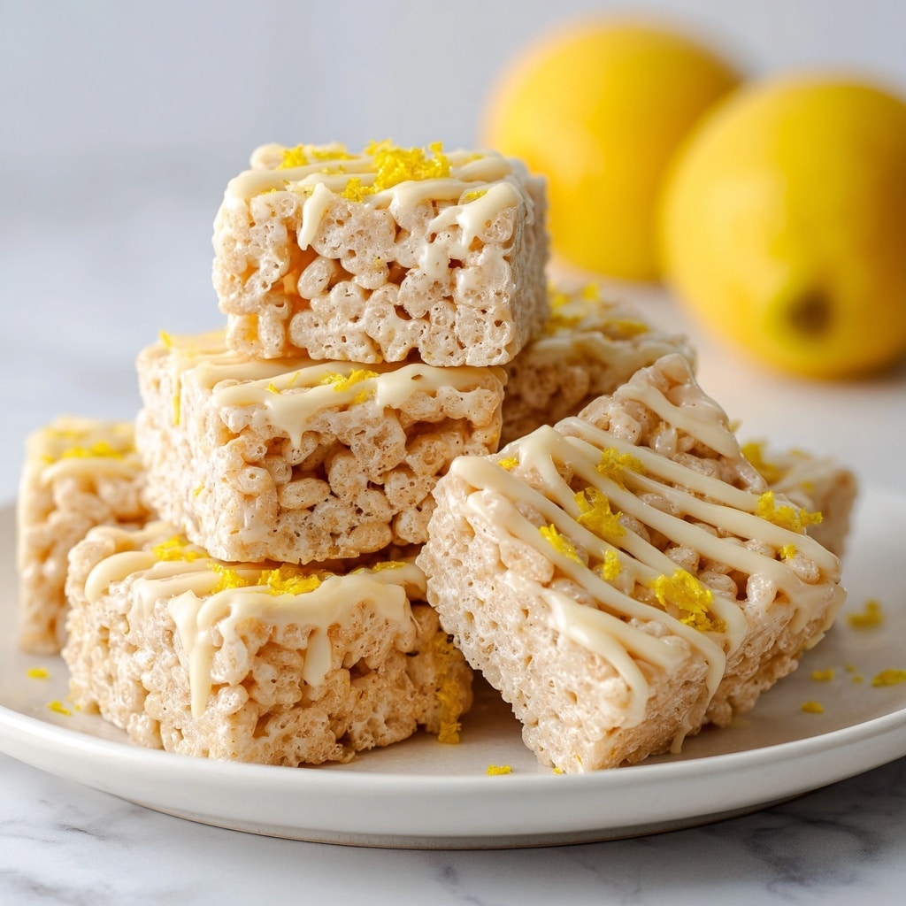 The image shows several square treats made from puffed rice cereal mixed with a light cream or marshmallow base, placed on a white plate against a white marbled background. Each square is topped with a drizzle of a smooth, pale yellow glaze and sprinkled with small yellow zest bits, adding texture and color contrast. The puffed rice layer is light beige with a slightly glossy surface from the glaze, and the squares are stacked in two layers on the plate, with one in the front appearing larger and more detailed. Two yellow whole lemons are blurred in the background. Photo taken with an iphone --ar 4:5 --v 7