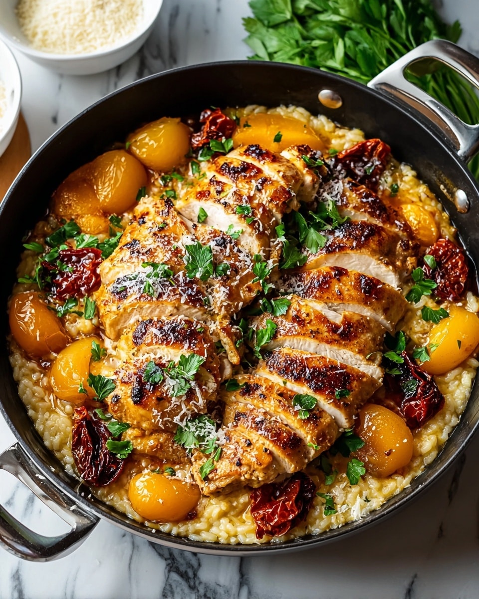 A cast iron pan filled with a dish showing three large golden-brown grilled chicken breasts sliced into thick pieces, sitting on a creamy light yellow risotto base with visible grains. Around the chicken are roasted orange and yellow apricot halves along with some deep red sun-dried tomatoes. The chicken is sprinkled with grated cheese and garnished with fresh green parsley leaves. The pan handles frame the dish, and the whole setup rests on a white marbled surface with a small white bowl of grated cheese in the background. photo taken with an iphone --ar 4:5 --v 7