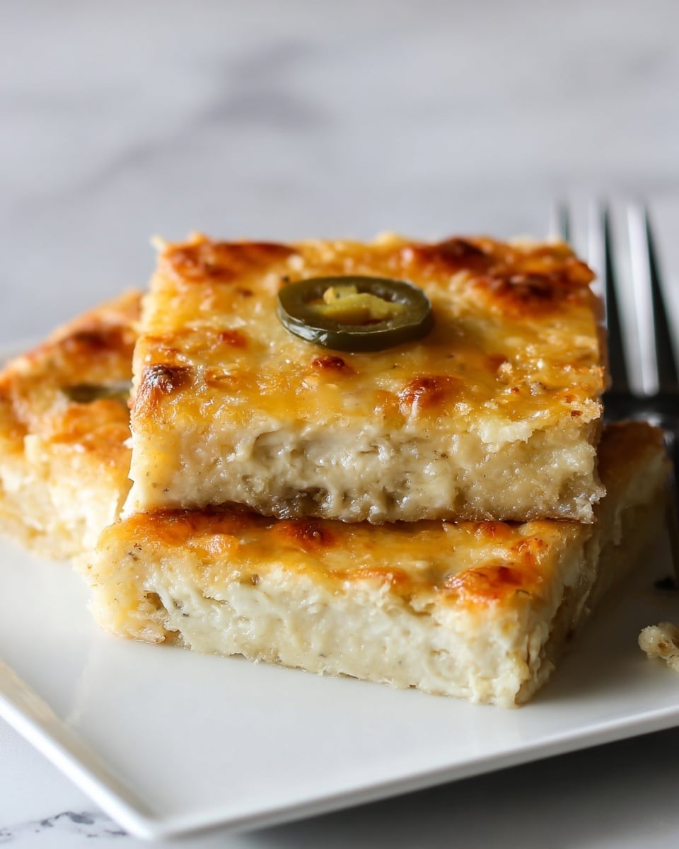 Two square pieces of a baked dish sit on a white plate against a white marbled background. The dish has two layers: the bottom layer is thick, creamy, and off-white with a soft texture, while the top layer is golden brown and bubbly with melted cheese. There is a small green jalapeño slice on top of the front piece, adding a pop of color. The edges show a slight crispness, and the surface of the melted cheese has a few darker toasted spots. A fork is placed near the right side of the plate. photo taken with an iphone --ar 4:5 --v 7