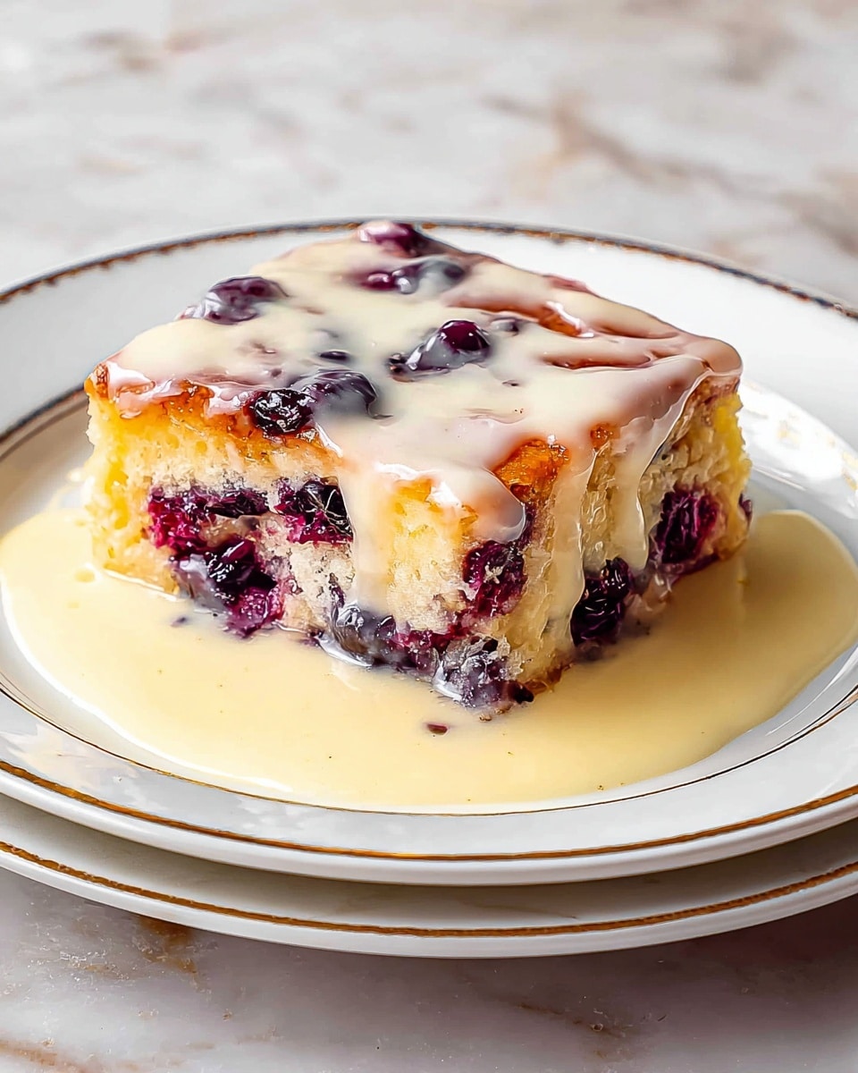 A single square piece of cake on a white plate with a decorative rim, placed on another similar white plate; the cake shows two visible layers with a light, soft texture filled with dark purple berries inside. The top has a lightly browned golden crust with white icing drizzled unevenly, melting slightly over the edges. A creamy sauce surrounds the base of the cake, pooling on the white marbled surface below. photo taken with an iphone --ar 4:5 --v 7