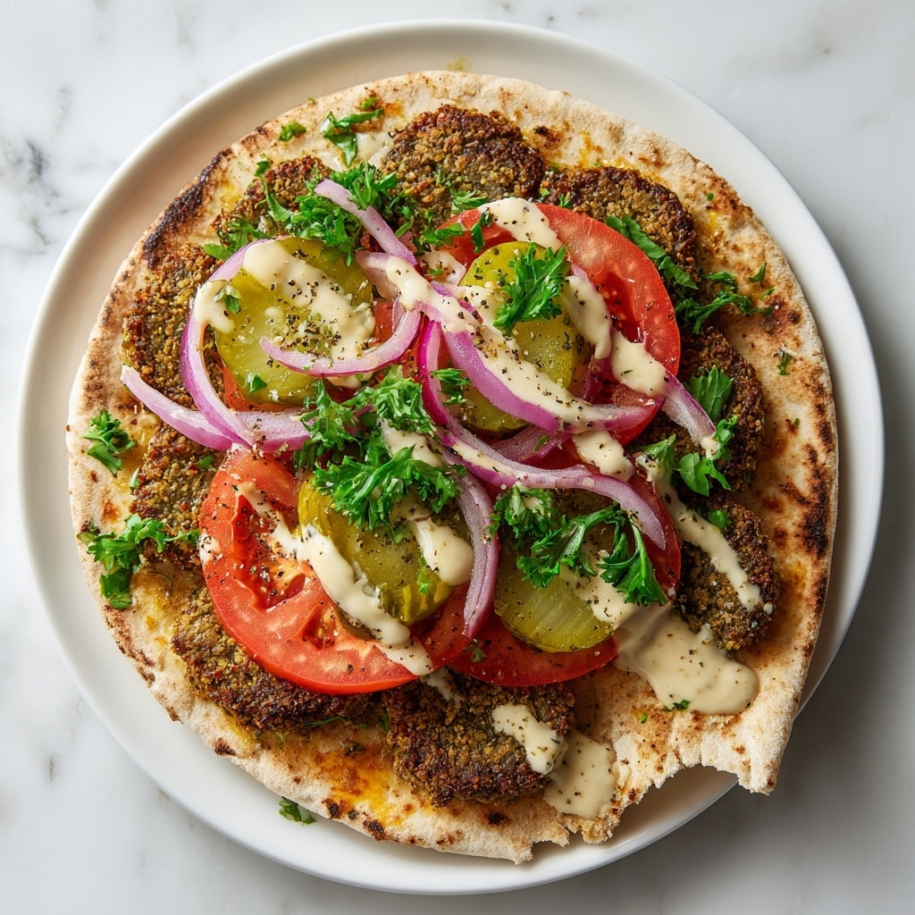 The image shows a flat pita bread on a white plate with a white marbled background. The pita has a thick, uneven layer of toasted green falafel spread covering most of its surface. On top of the falafel spread, there is a layer of thinly sliced red tomatoes and green pickles placed on one half of the pita. Over the tomatoes and pickles, thin slices of purple onion are scattered along with fresh green parsley leaves. Drizzled across the vegetable toppings is a light beige tahini sauce with visible ground black pepper on it. The corner of the pita shows a small bite taken out, revealing its soft interior. Photo taken with an iphone --ar 4:5 --v 7