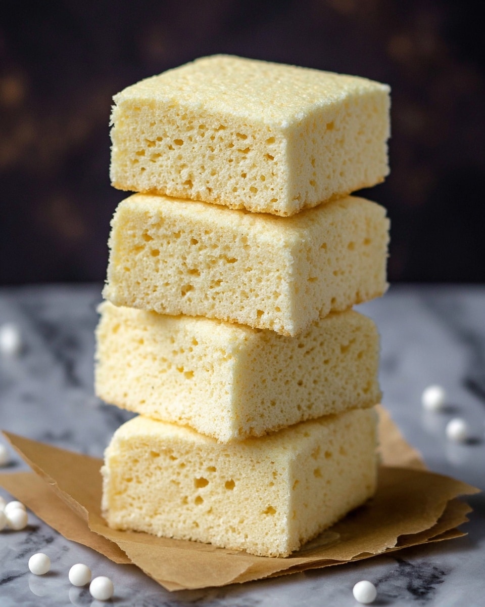 The image shows a stack of five light yellow, square-shaped sponge cakes with a soft and airy texture. Each layer is evenly thick and slightly rough on the surface, showing small air holes typical of spongy baked goods. The stack is placed on a small piece of brown parchment paper on a white marbled surface, with a dark, blurred background that highlights the light color of the cakes. Small white round sprinkles are scattered around the base. Photo taken with an iphone --ar 4:5 --v 7