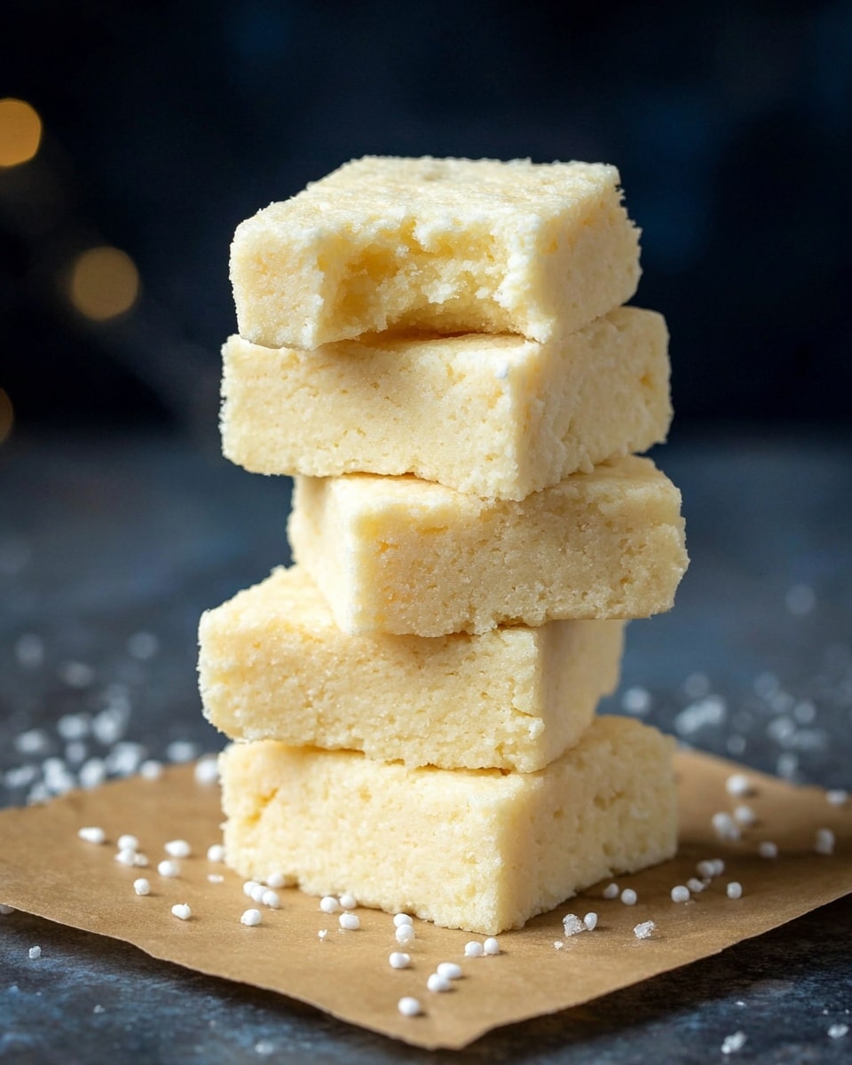 A stack of five soft, pale yellow rectangular bars with a spongy texture is shown, with the top bar having a bite taken from one end, revealing its airy inside. The bars are neatly piled on a square piece of brown parchment paper, with small white beads scattered around them. The background features a dark, slightly blurred setting, contrasted by the light color of the bars. photo taken with an iphone --ar 4:5 --v 7