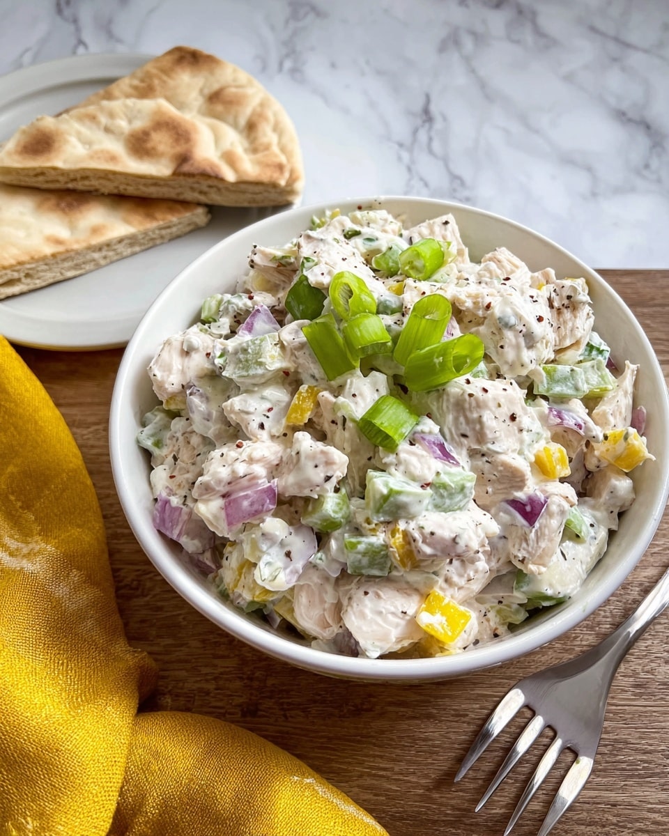 A white bowl filled with a creamy chicken salad made of white chicken chunks mixed with chopped pale green celery, red onion pieces, and yellow bell pepper bits all coated in a white creamy dressing with specks of black pepper, topped with bright green sliced green onions in the center; next to the bowl, a white plate holds two pieces of pita bread with a light brown toasted surface, a silver fork lies nearby on a wooden table, and a yellow cloth is draped on the side, all set against a white marbled texture. photo taken with an iphone --ar 4:5 --v 7