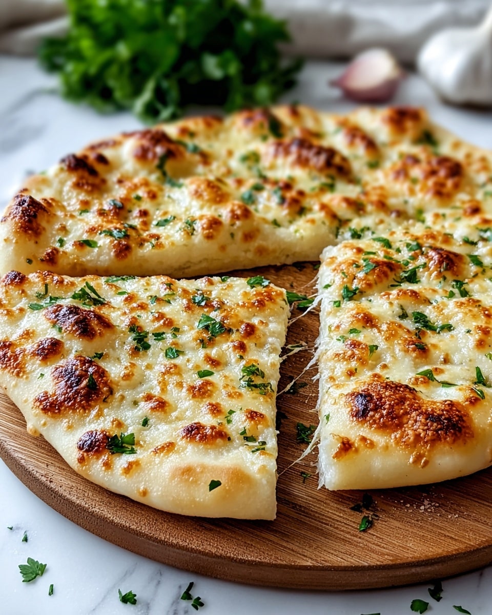 A round, flatbread pizza with one slice cut and slightly lifted, showing a golden brown top layer of bubbly, melted cheese with small browned spots and sprinkled green herbs evenly spread over the surface; the crust is thick and fluffy with dimpled holes, and the pizza sits on a wooden board placed on a white marbled surface, with blurred fresh herbs and a garlic bulb in the background. photo taken with an iphone --ar 4:5 --v 7