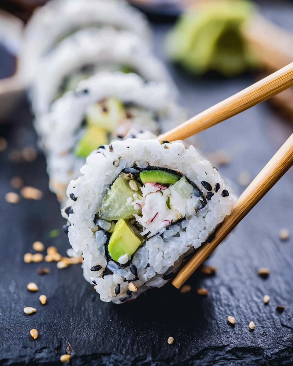 The image shows a close-up of a sushi roll held by a pair of light brown chopsticks. The sushi roll has three visible layers: the outer layer is white rice with black sesame seeds scattered across it; inside, there is a thin black seaweed layer wrapping the fillings; the innermost layer consists of creamy white crab meat and bright green avocado, along with pale green cucumber. The sushi rolls are placed on a dark textured surface with some scattered sesame seeds around. The background has a hint of green and yellow blurred objects. photo taken with an iphone --ar 4:5 --v 7