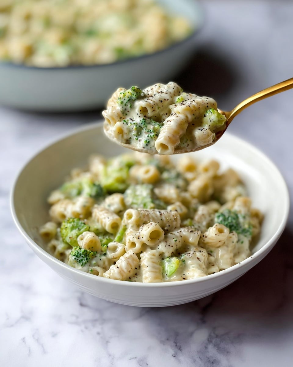 The image shows a white bowl with a blue rim filled with creamy pasta mixed with small pieces of green broccoli. The pasta is small, tube-shaped, off-white in color, and well coated in a smooth, light cream sauce. The broccoli adds a fresh green color, evenly spread throughout the dish. There is a sprinkling of black pepper on top, giving a speckled dark contrast. A gold spoon is partially submerged on the right side of the bowl. Behind the bowl, a blue cooking pan containing more of the pasta mixture is visible. Both are placed on a surface with a white marbled texture. Photo taken with an iphone --ar 4:5 --v 7