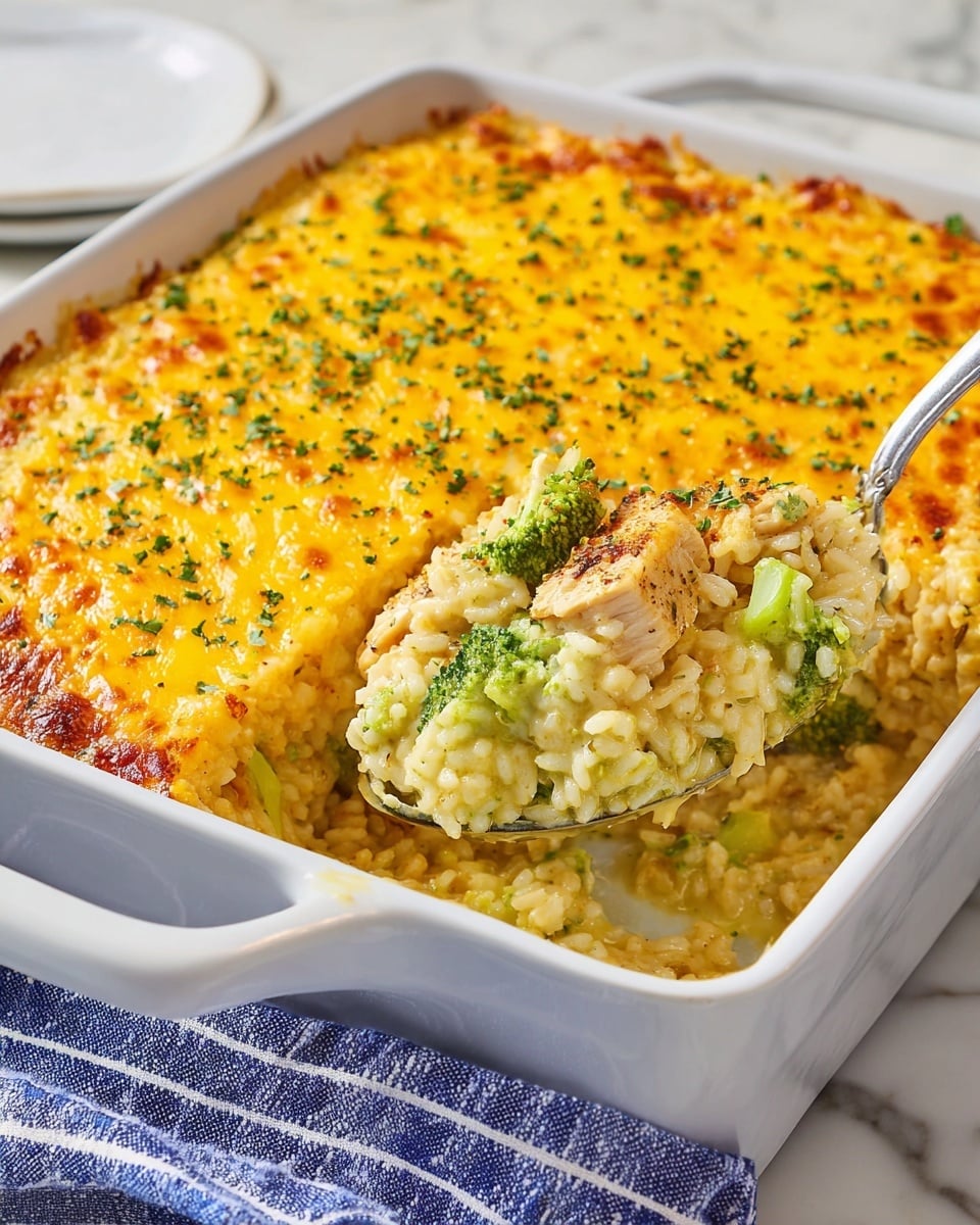 A white rectangular dish filled with a three-layer casserole. The top layer is a golden, bubbly cheese crust with a slightly browned and crispy texture, sprinkled with small bits of green herbs. Beneath the crust is a creamy layer with visible pieces of tender chicken and bright green broccoli florets mixed into a thick, cheesy sauce with small grains of rice. A silver spoon is scooping out a portion, showing the three distinct layers inside. The dish sits on a white marbled surface with a blue and white striped cloth nearby. Photo taken with an iphone --ar 4:5 --v 7