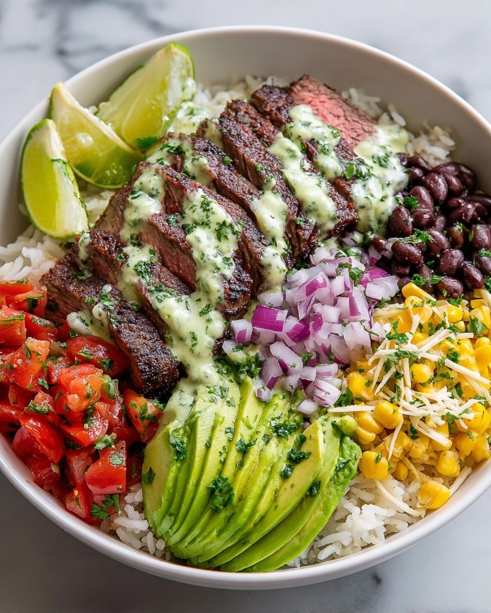 A white bowl sits on a white marbled surface filled with layers of food. The bottom layer is white rice that fills the whole bowl. On top of the rice, there are slices of grilled steak with a pink center and a dark brown crust, arranged in a row on one side, drizzled with a green creamy sauce. Next to the steak, there are halved cherry tomatoes in bright red. Beside the tomatoes, thin slices of avocado fan out in a light green shade. Near the avocado, there are small pieces of purple-red onion. On the opposite side, there are black beans with a dark, shiny texture. Next to the beans, there is a pile of yellow corn topped with shredded white cheese and chopped green herbs. Two lime wedges rest at the back of the bowl. photo taken with an iphone --ar 4:5 --v 7