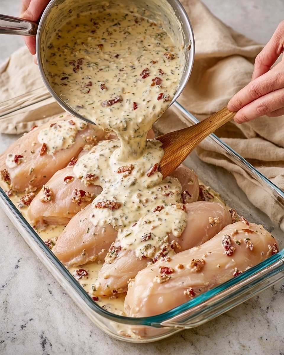 A glass baking dish holds six raw chicken breasts arranged side by side in one layer, pale pink in color and smooth in texture. A creamy sauce with a beige base speckled with black herbs and dotted with small pieces of sun-dried tomatoes is being poured generously over the chicken from a silver pot held by a woman's hand on the left. Another woman's hand with a wooden spatula helps spread the sauce evenly over the chicken. The dish sits on a white marbled surface. photo taken with an iphone --ar 4:5 --v 7