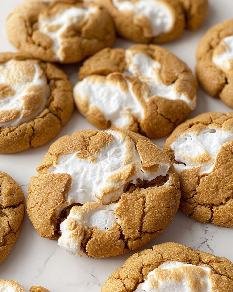 A close-up of several soft, round cookies scattered on a white marbled surface, each cookie showing a light golden-brown cracked outer layer with patches of white, gooey marshmallow melted on top and peeking through the cracks. The texture of the cookie is slightly rough and chewy-looking, while the marshmallow layer is shiny and smooth in contrast. The cookies overlap slightly, filling the frame with their warm, inviting colors. photo taken with an iphone --ar 4:5 --v 7