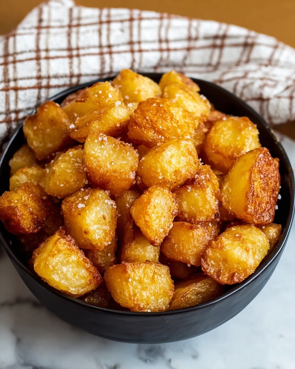 A close-up image of a black bowl filled with golden brown crispy potato chunks, each piece irregularly shaped with a crunchy texture and sprinkled lightly with coarse salt, all piled high inside the bowl which sits on a white marbled surface with a white and brown checkered cloth partially visible behind it, photo taken with an iphone --ar 4:5 --v 7
