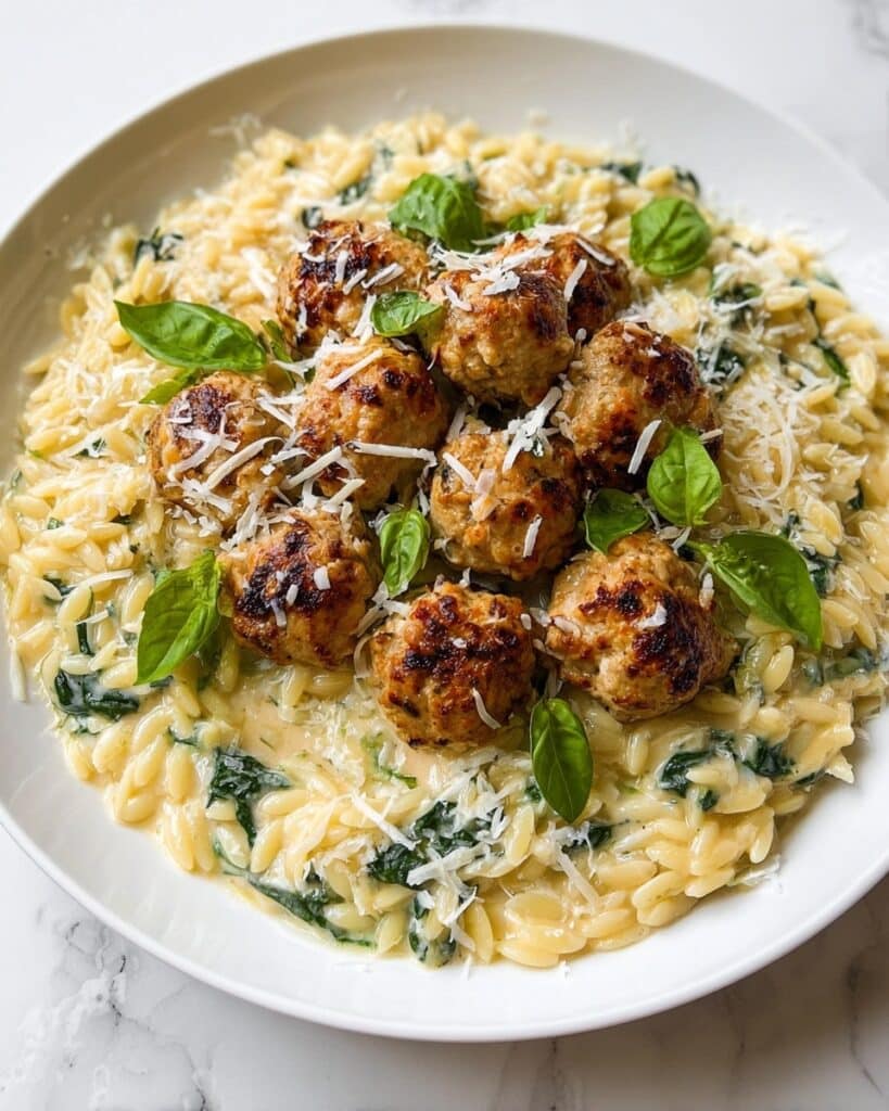 Baked Chicken Ricotta Meatballs with Creamy Spinach Orzo Recipe