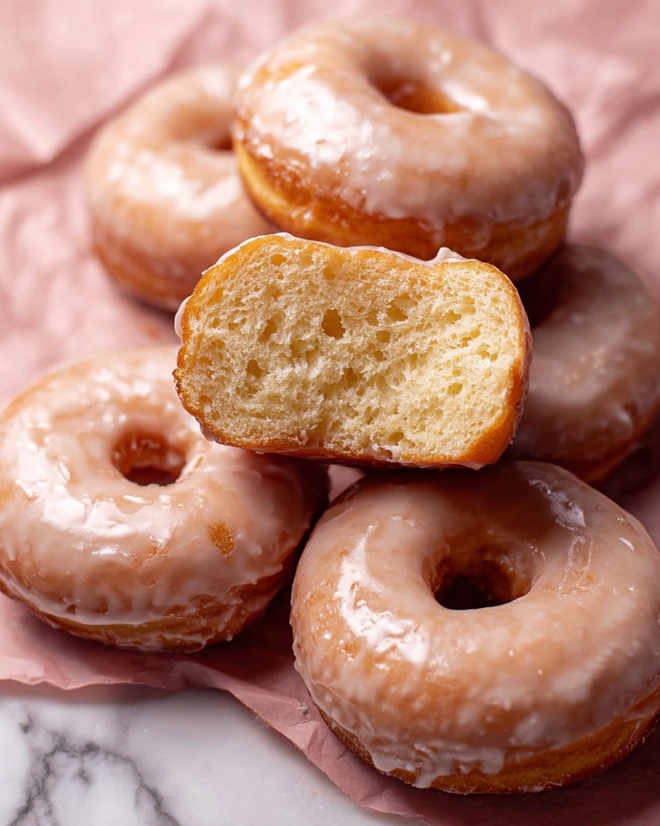 The image shows six classic glazed donuts with a smooth, light beige icing covering their golden brown surfaces, arranged closely on a white marbled texture. Two donuts are cut in half, revealing their soft, airy, pale yellow inside with a spongy texture. The glaze is shiny and slightly translucent, evenly coating the tops and sides of each donut. There is a metal whisk with some glaze residue to the left side, suggesting fresh preparation. Photo taken with an iphone --ar 4:5 --v 7