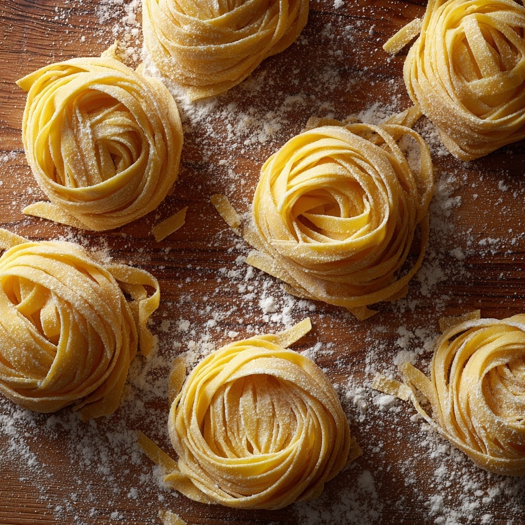 The image shows fresh pasta dough with three nests of long flat ribbons loosely coiled in the top left corner, each nest pale yellow and dusted lightly with flour. Below the nests, a single wide sheet of pale yellow pasta dough lies flat with a soft fold near the top right, also dusted with flour, revealing a smooth and slightly textured surface. To the right of the pasta, a wooden brush with soft white bristles rests on a wooden cutting board that has a warm, natural brown color. The whole scene is set on a white marbled surface. photo taken with an iphone --ar 4:5 --v 7