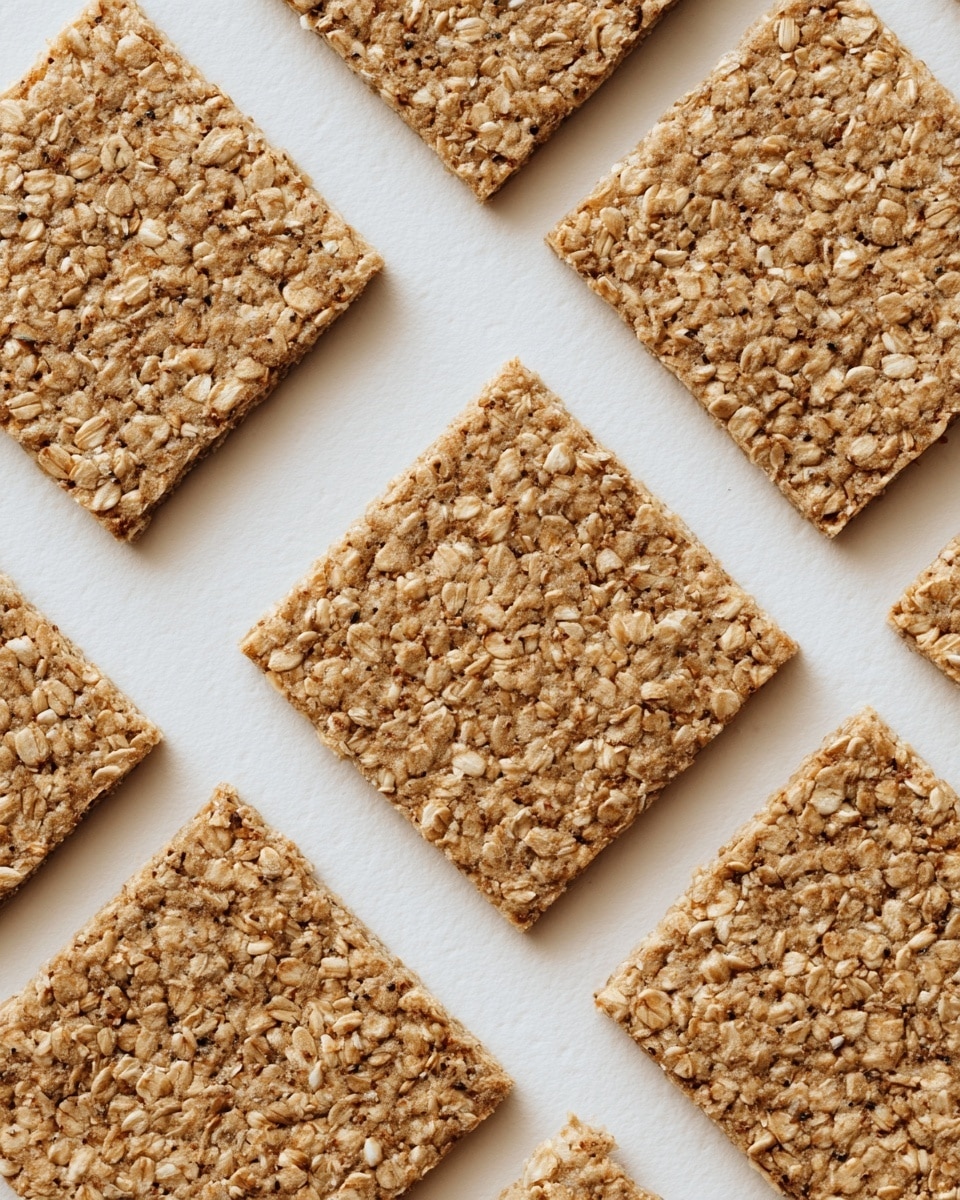 The image shows several square-shaped oat crackers laid out flat on a white marbled surface. Each cracker has a rough texture with visible small oat flakes and seeds embedded throughout, giving them a grainy, golden-brown appearance. The crackers are evenly spaced and shown from a close-up top-down view, highlighting their uniform size and natural, slightly uneven surface pattern. photo taken with an iphone --ar 4:5 --v 7