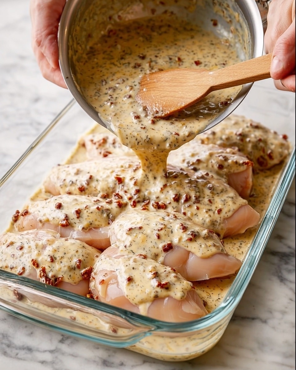The image shows a glass baking dish filled with six raw, pale pink chicken breasts arranged in two rows. A creamy, thick sauce with a white base mixed with herbs and small bits of red sun-dried tomatoes is being poured over the chicken from a silver saucepan held by a woman's hand on the left side. Another woman's hand is using a wooden spatula to spread the sauce evenly over the chicken. The dish is placed on a white marbled texture surface, and a beige cloth is visible in the background. photo taken with an iphone --ar 4:5 --v 7