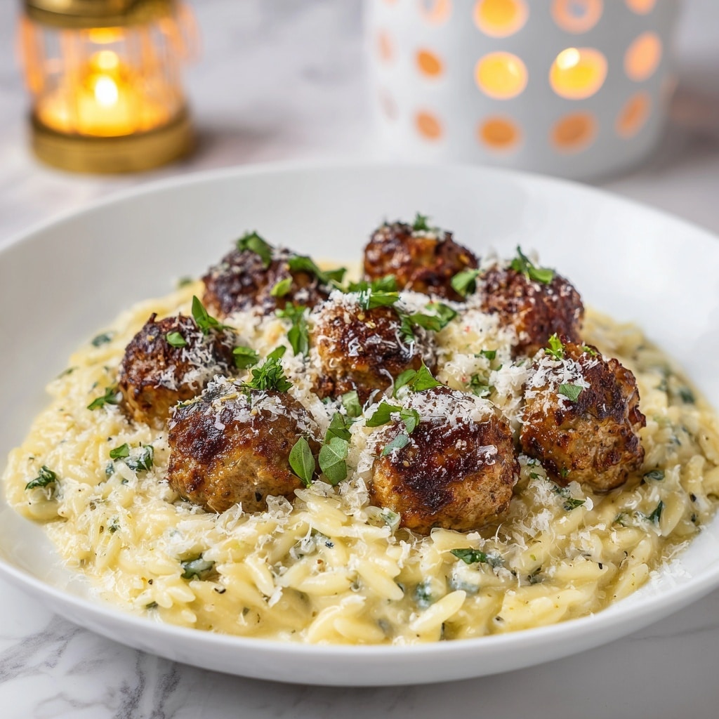 A white plate holds a creamy, light yellow orzo pasta base mixed with small green spinach leaves, forming the bottom layer. On top, there are golden-brown meatballs, slightly crispy on the outside with a textured surface, arranged in a small pile in the center. The meatballs are sprinkled with finely shredded white cheese, and fresh green basil leaves are scattered over and around them, adding a fresh touch of color. The dish is set on a white marbled surface. photo taken with an iphone --ar 4:5 --v 7