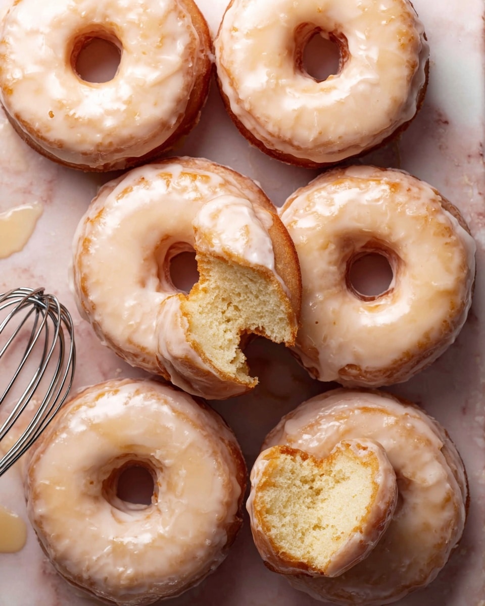The image shows five glazed donuts placed on soft pink paper over a white marbled surface. Four whole donuts have a shiny, smooth, light beige glaze covering their outer surface with a round hole in the center. One donut is cut in half to show the inner texture, which is light, fluffy, and airy with a golden brown crust on the outside and soft yellow inside. The cut halves are positioned on top of a whole donut, displaying the contrast between the rough crumb interior and the smooth glaze exterior. The photo taken with an iphone --ar 4:5 --v 7
