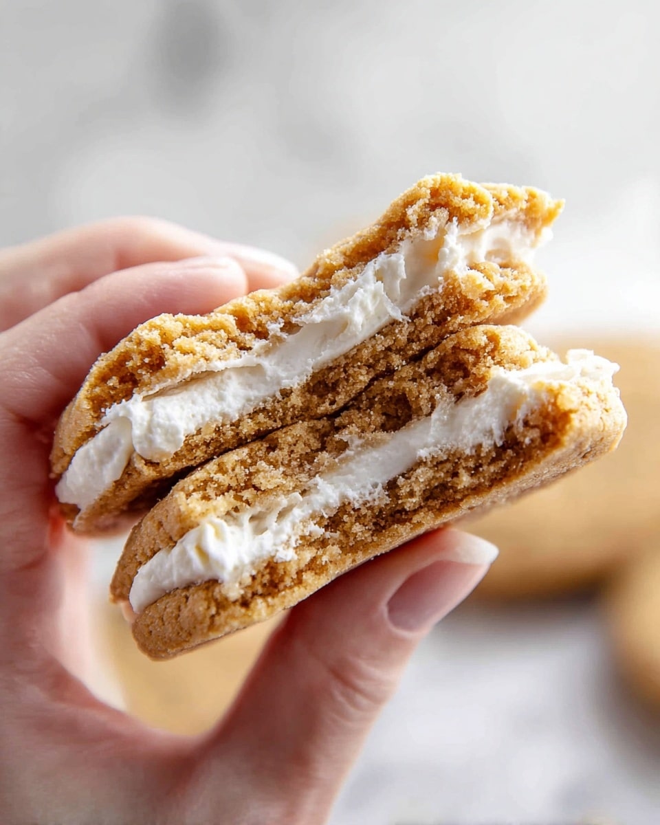 A close-up of a woman's hand holding a broken cookie showing two layers: the cookie parts on the top and bottom are golden brown with a soft, crumbly texture, and in the middle is a thick layer of white cream filling. The background is a soft blur with white marbled texture visible below. Photo taken with an iphone --ar 4:5 --v 7